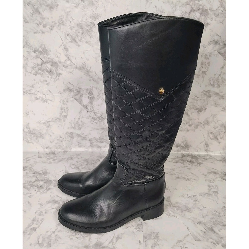 Tory Burch Black Quilted Leather Riding Boots Rear Zip Gold Logo‎ 6.5M